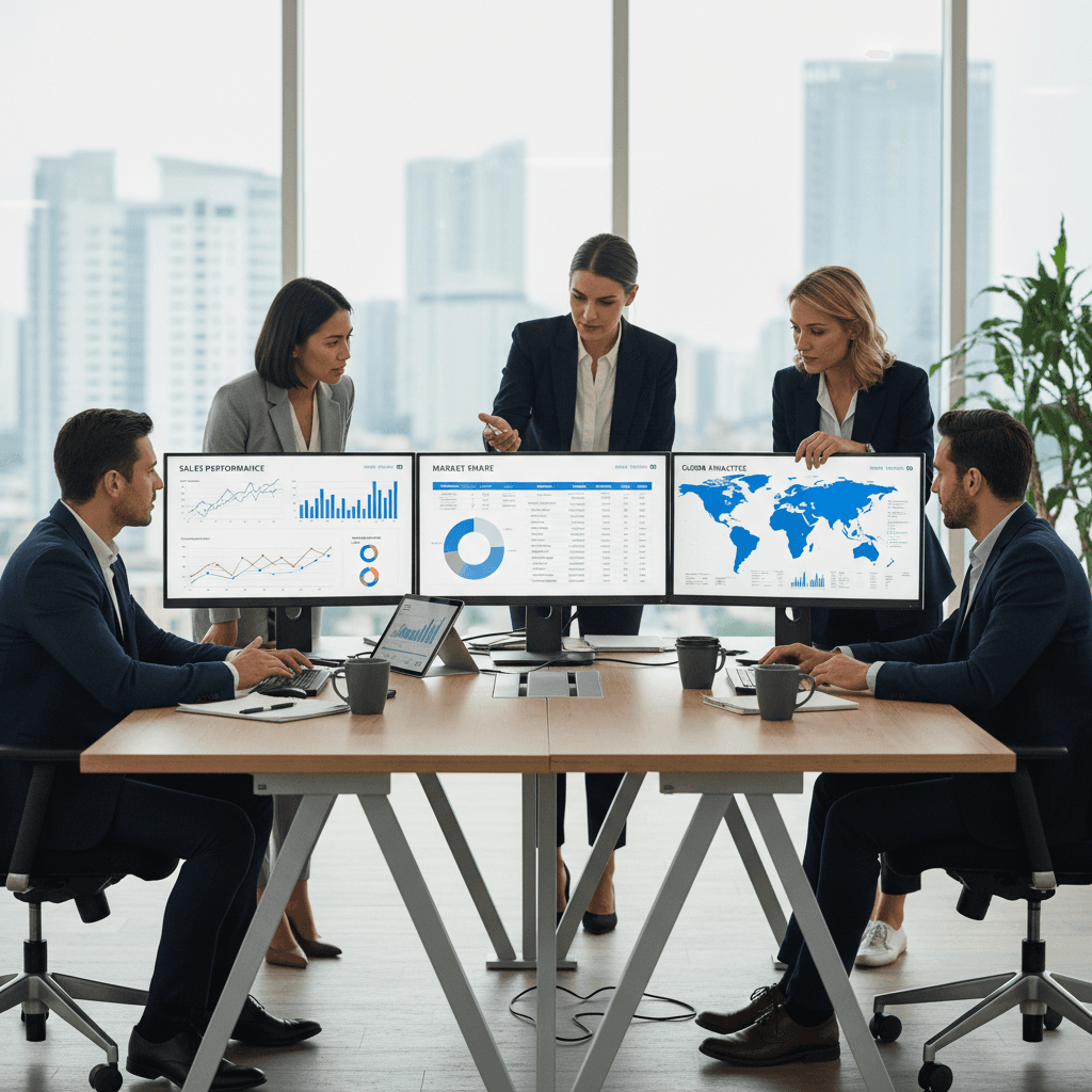 Team working with business automation dashboard