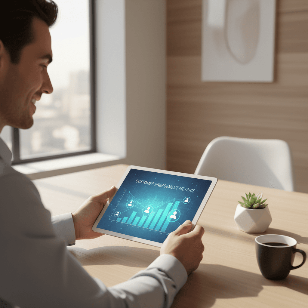 Client viewing AI business automation dashboard and performance metrics